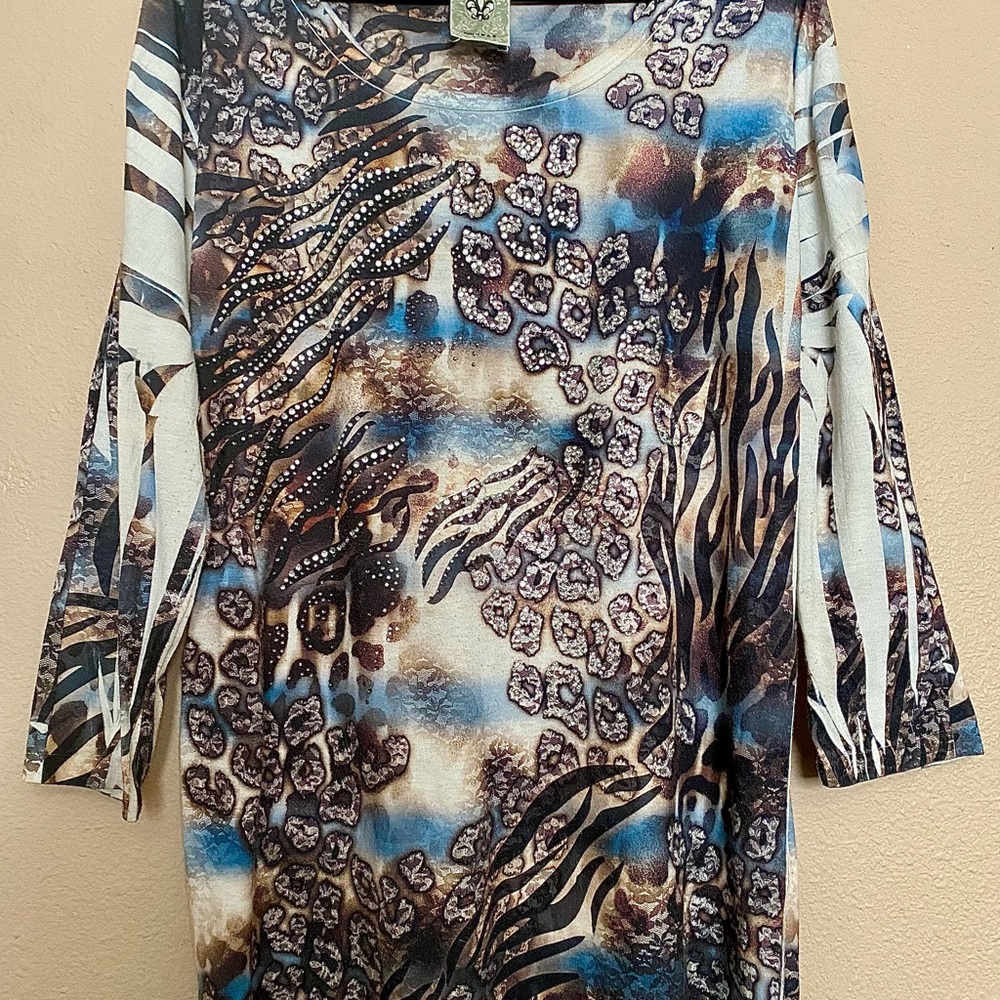 Vocal Mixed Animal Print Long Sleeve Top in Blue, Brown, Cream
